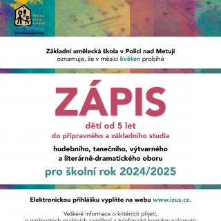 Zápis do ZUŠ Police nad Metují pro školní rok 2024/2025
